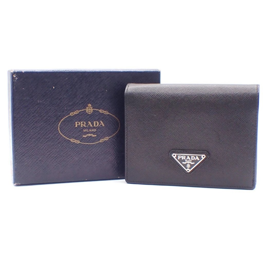 Prada Logo Compact Bifold Wallet Purse Saffiano Leather Black Italy Shw 38aa182